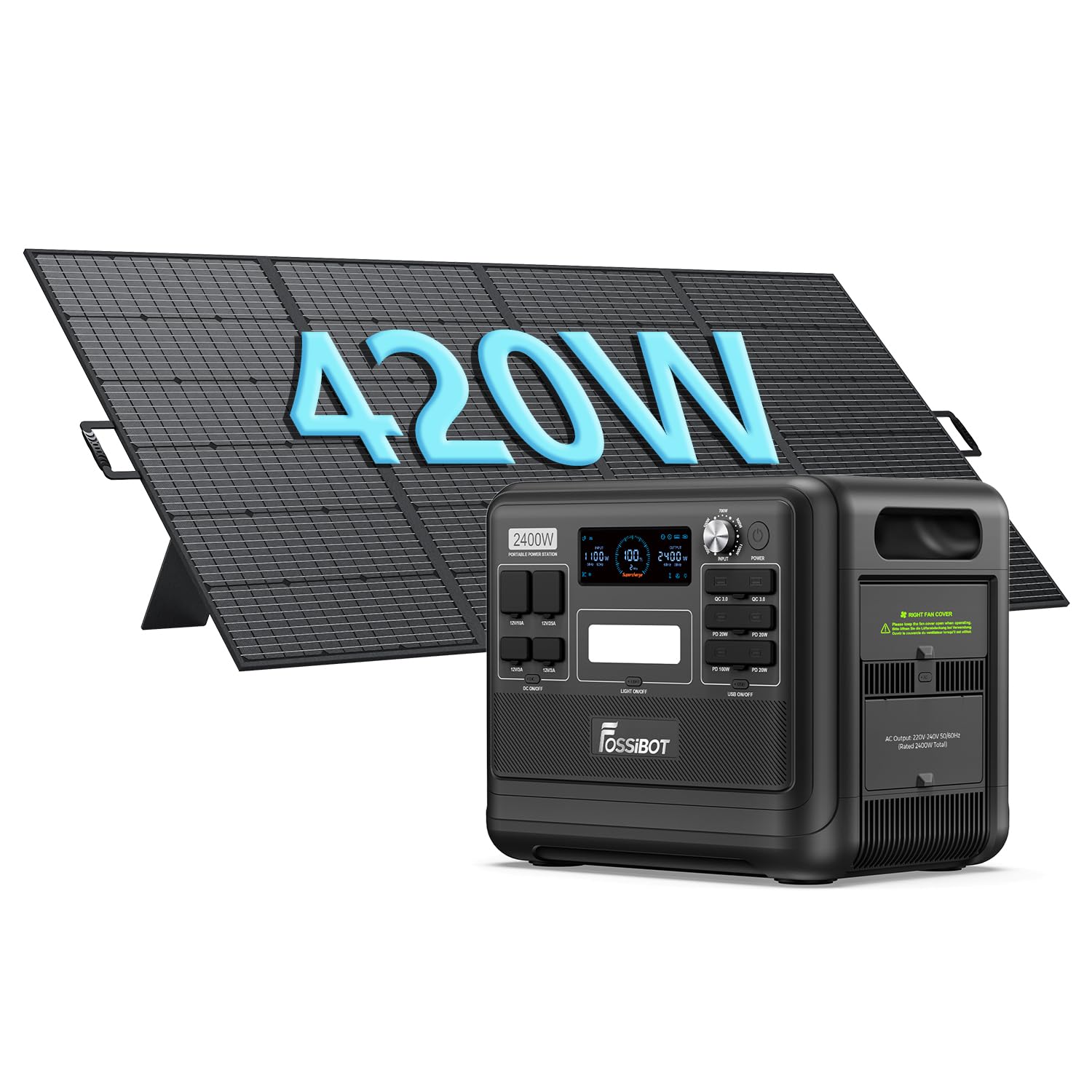 FOSSiBOT F2400 Solar Generator mit 200W Solar Panel, 2400W Tragbare Powerstation 2048Wh LiFePO4 with 3AC Ausgabe (4800W Peak), 13 Steckdosen Stromspeicher für Outdoor, Camping im Wohnmobil Backup